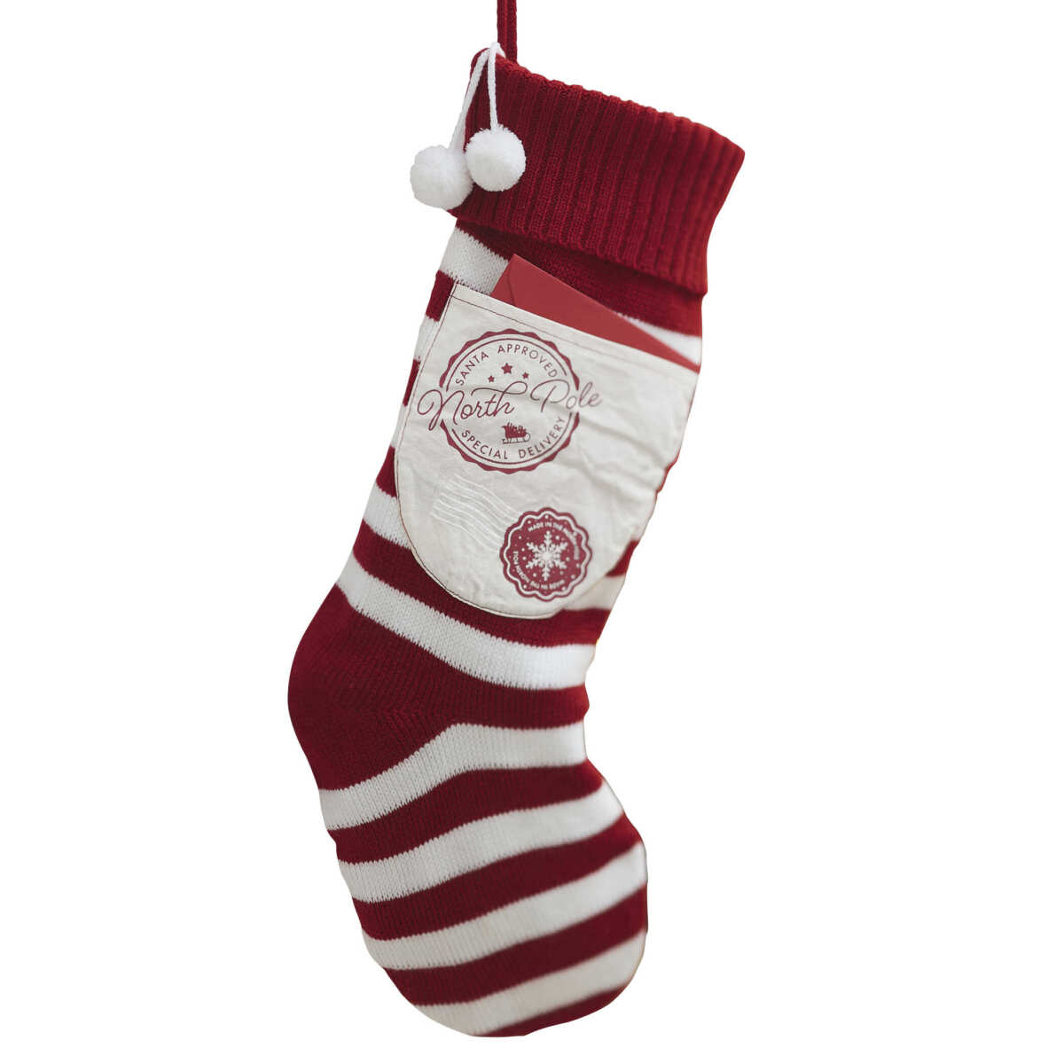 Red and White Knitted Christmas Stocking with Pocket - Image 2