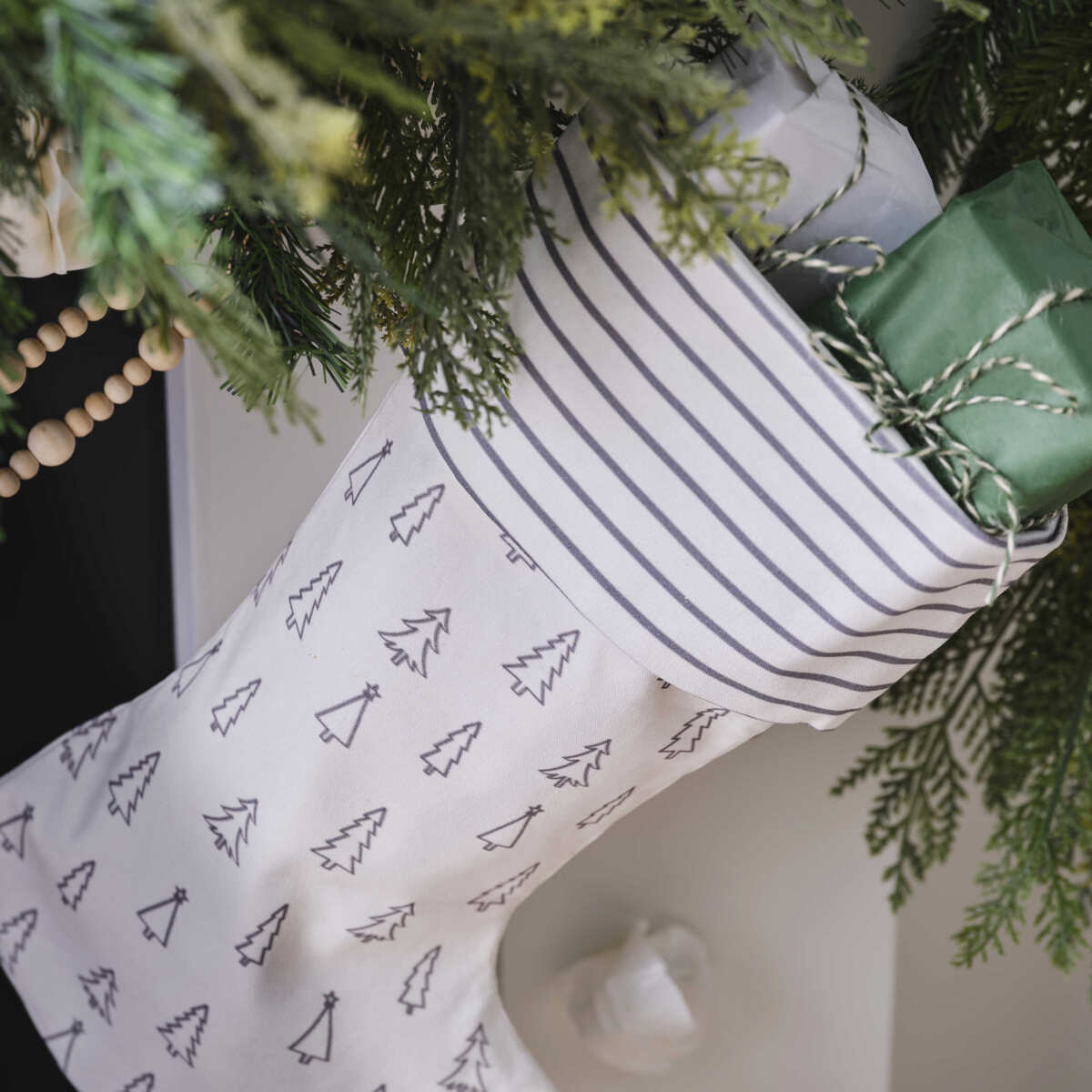 Grey Tree and Stripe Printed Christmas Stocking - Image 2