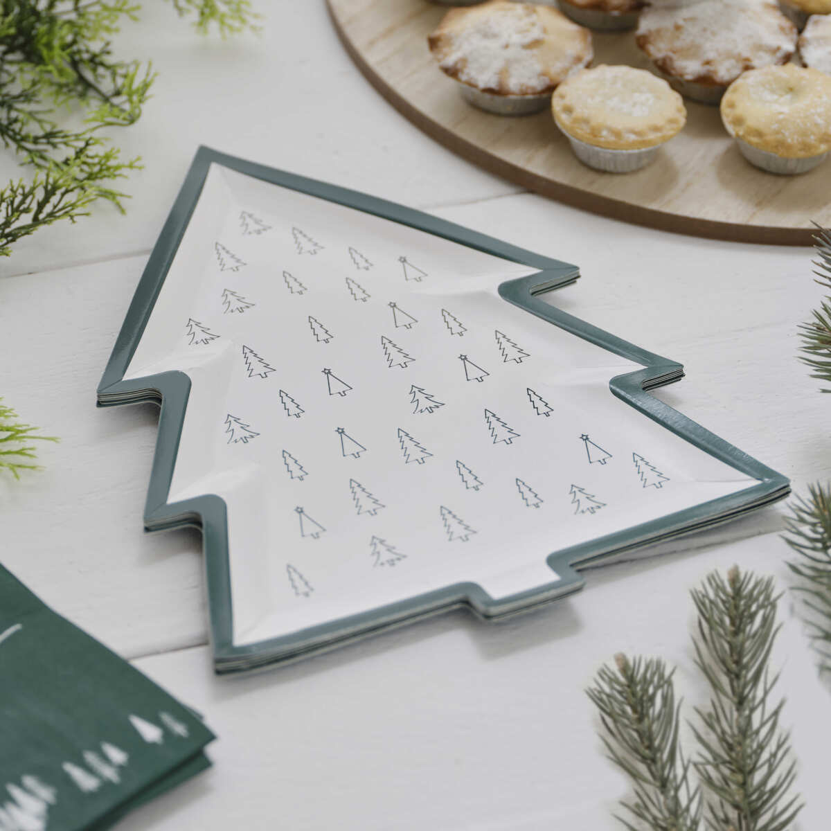 Green and White Tree Print Christmas Paper Plates - Image 3