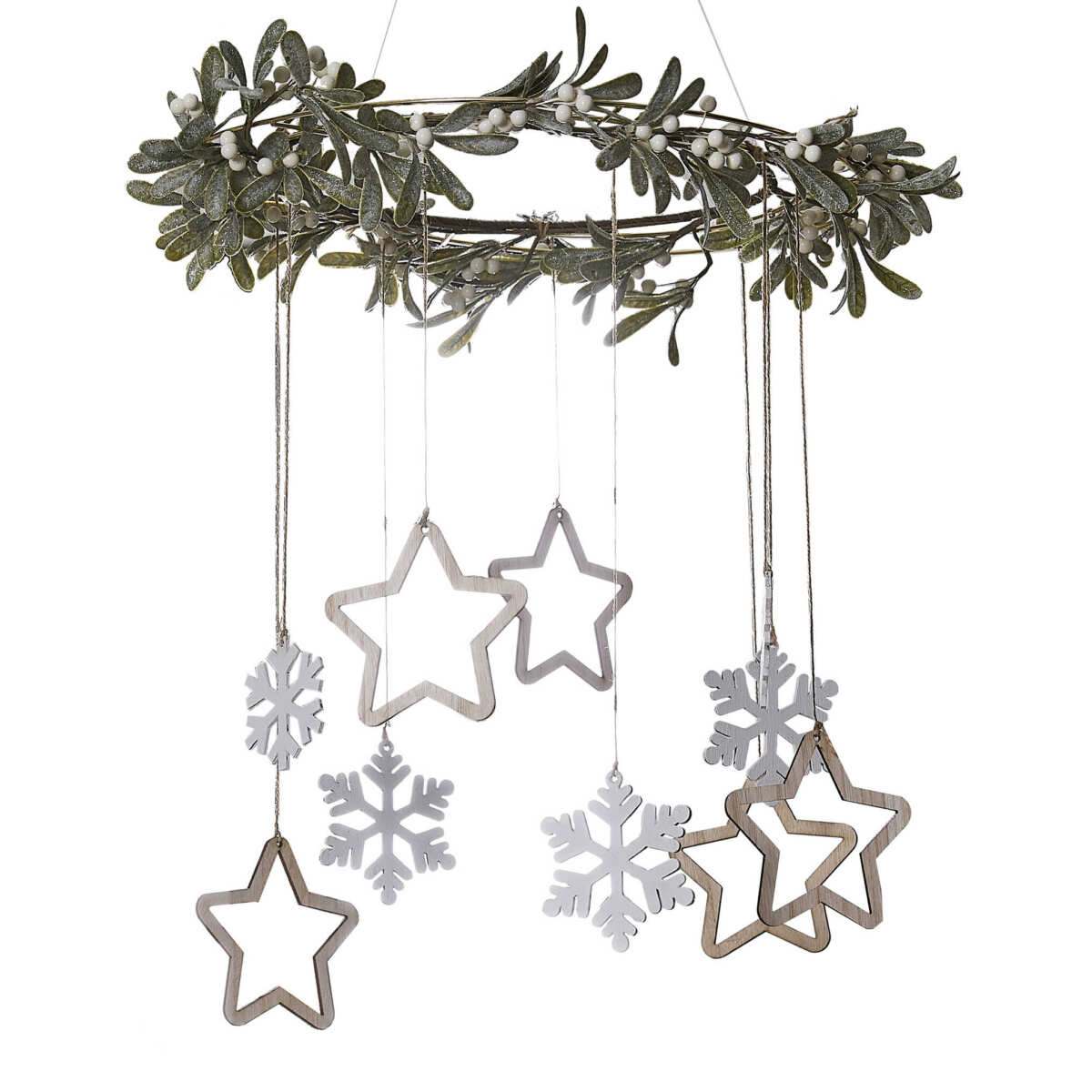 Gold Hanging Hoop Decoration with Mistletoe and Wooden Hanging Snowflakes and Stars - Image 2